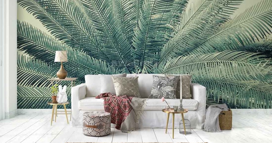Lounge-Interior-With-Large-Palm-Print-Wallpaper